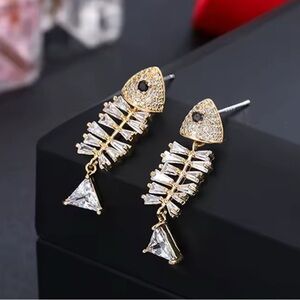Gold and Crystal Fishbone Earrings